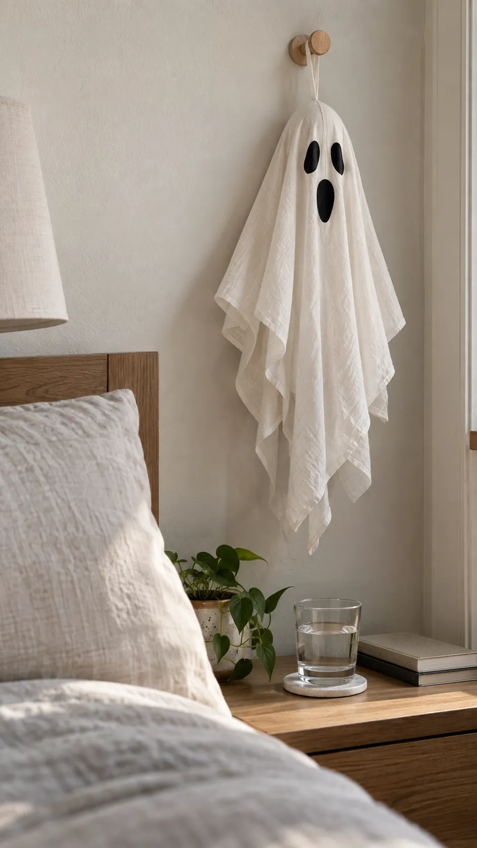 A fold flat fabric ghost that stores flat in an apartment