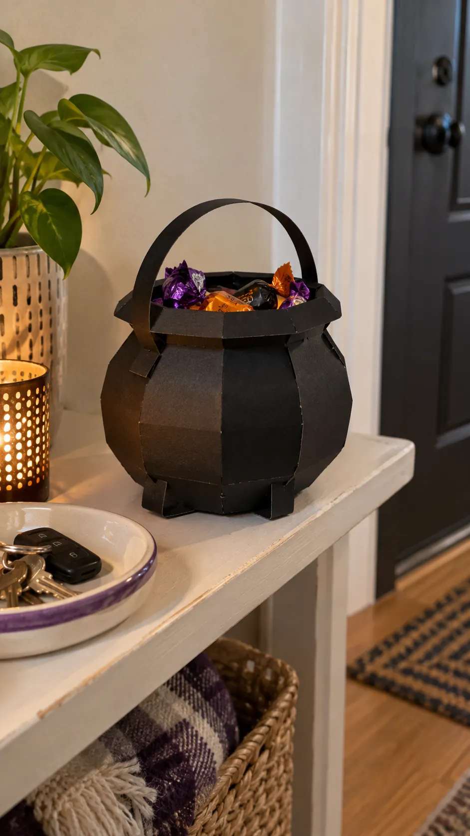 A collapsible paper cauldron that stores flat in an apartment