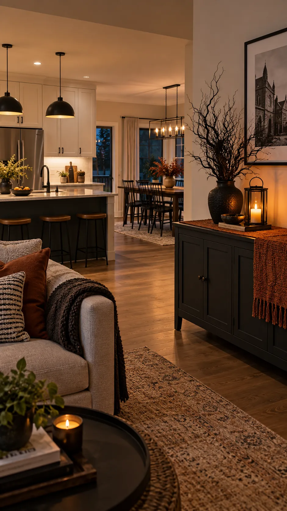 Move the drama into lighting and texture in an open plan Halloween home