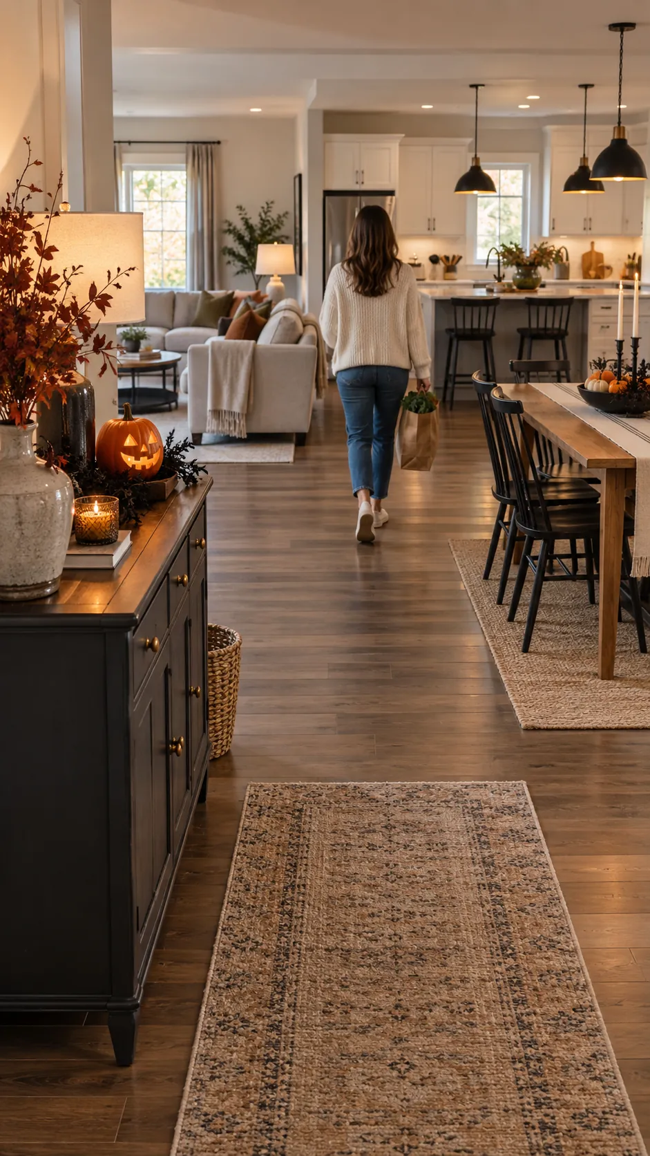 Do one final sight line and cleanup check in an open plan Halloween home