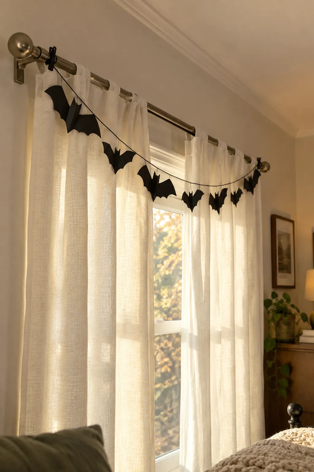 Halloween paper bat garland clipped to an existing curtain rod