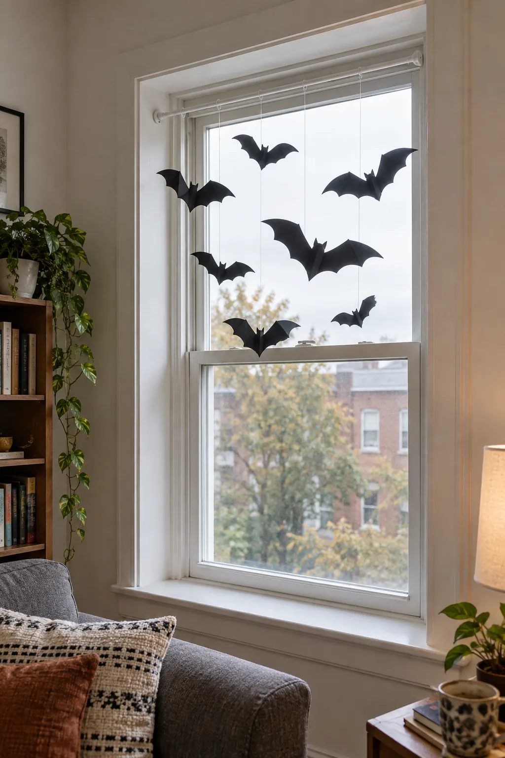 Paper bats suspended from a tension rod inside a window recess