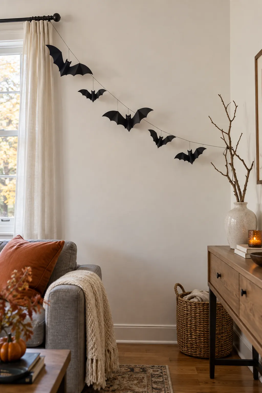 Paper bats appearing to fly across a painted wall while attached to a curtain rod and freestanding branch