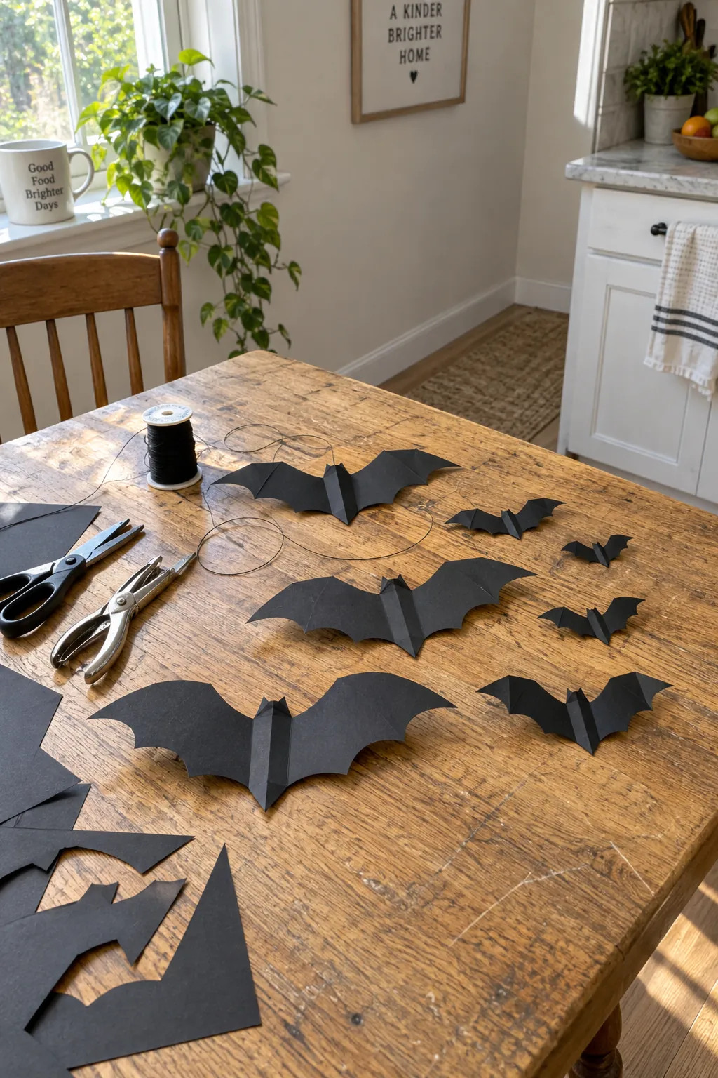Black paper bats of different sizes laid out for a wall safe Halloween display