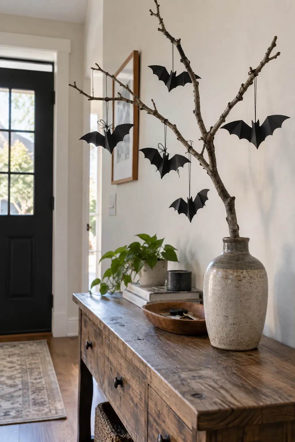 Paper Halloween bats tied to a freestanding branch in a heavy vase