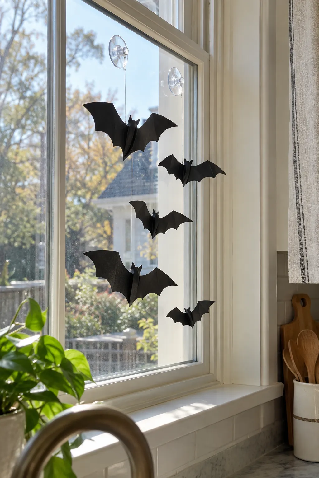 Light paper bats suspended from suction cups on window glass