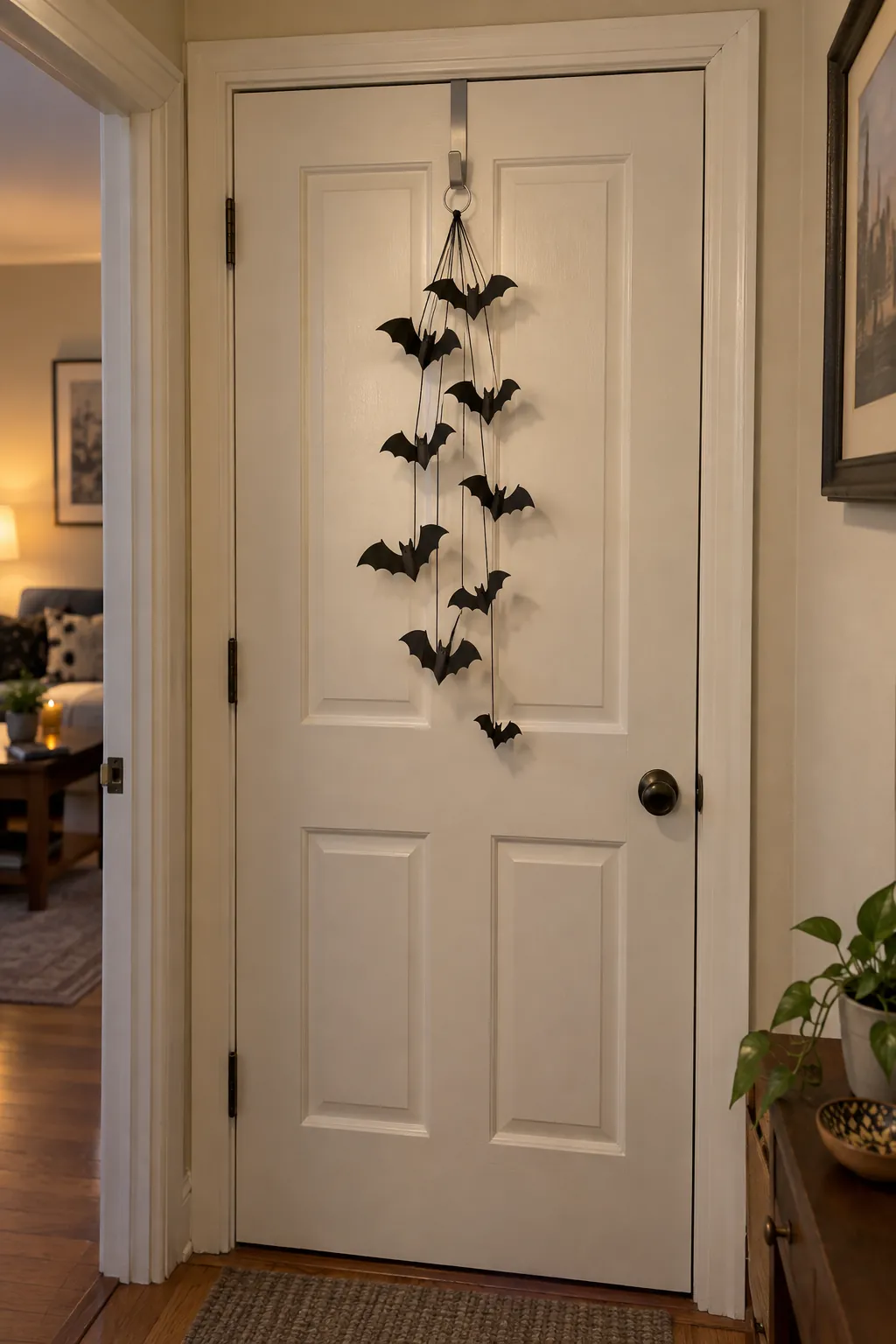 Paper bat strands hanging from an over door hook without wall tape
