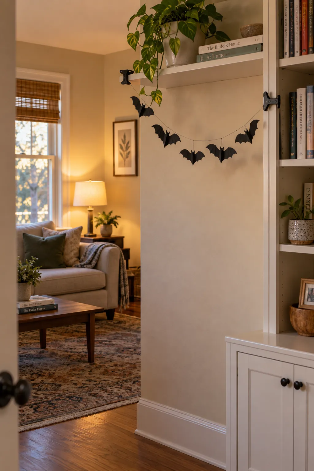 Paper bats hanging between clips on a shelf and bookcase edge