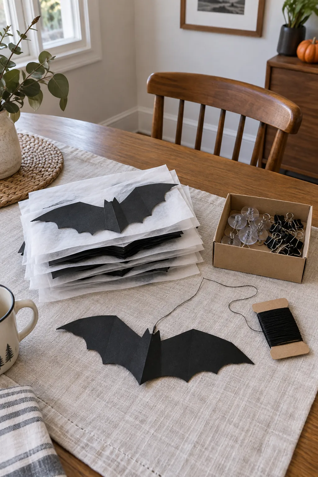 Paper bats stored flat with thread wound on a card after Halloween