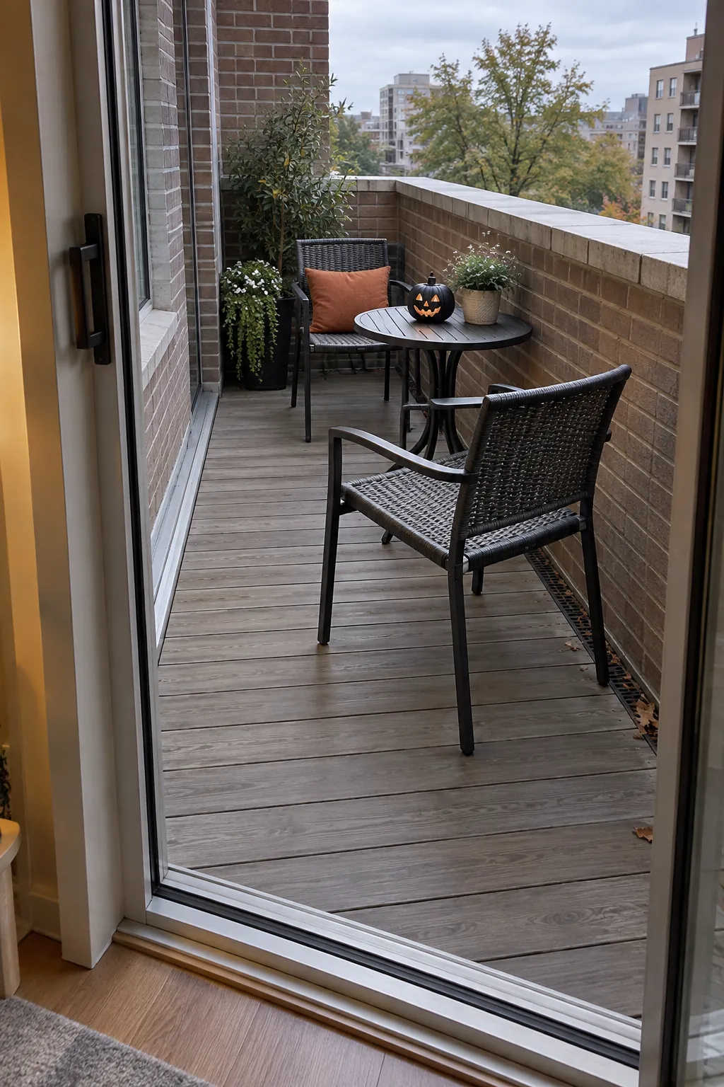 A narrow apartment balcony with two chairs and an unobstructed route from the door