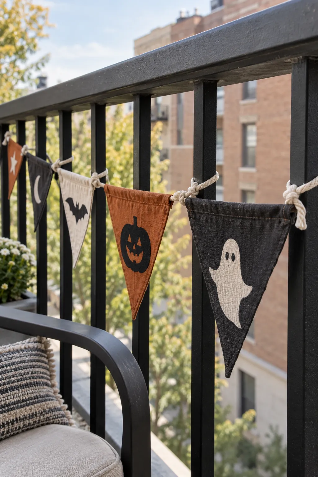 Halloween fabric pennants secured inside a narrow apartment balcony railing