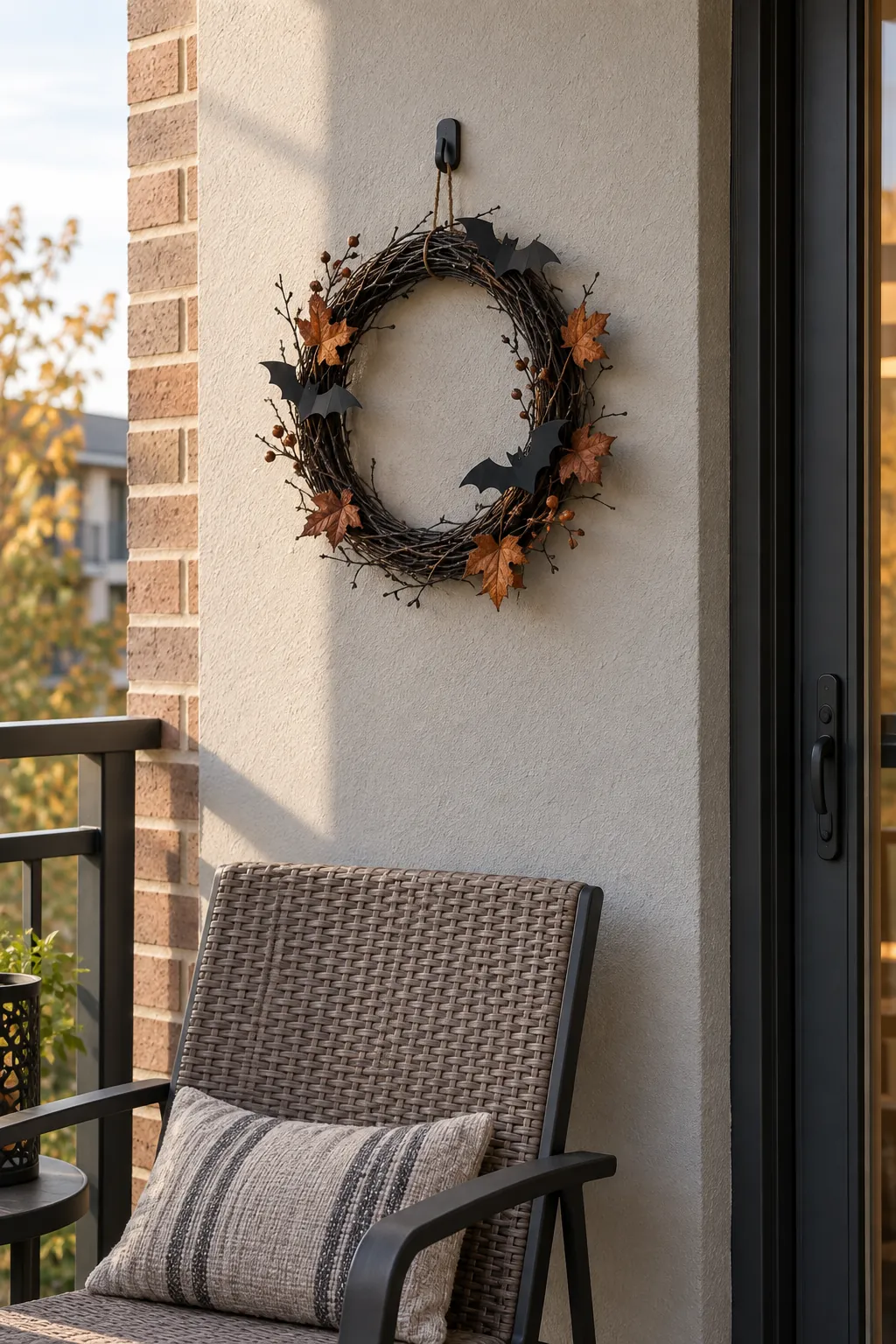 A slim Halloween wreath on the solid wall beside balcony seating