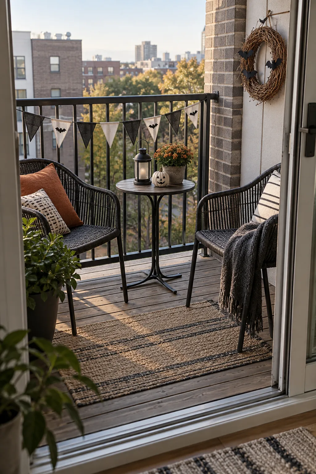 Narrow apartment balcony decorated for Halloween with two usable chairs and a clear walkway