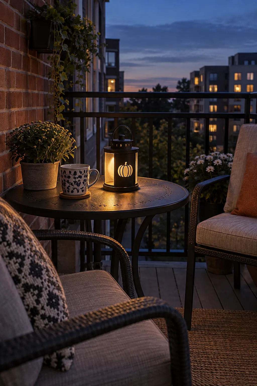 A rechargeable Halloween lantern on a compact balcony side table