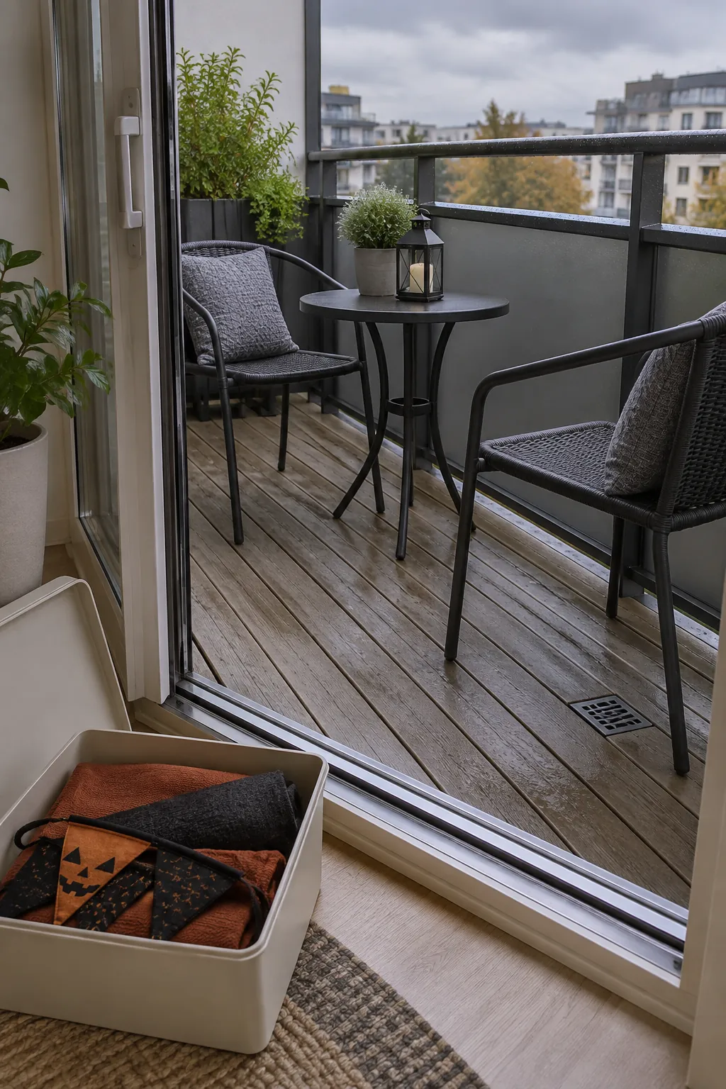 A tidy narrow balcony with portable Halloween pieces ready for quick weather storage