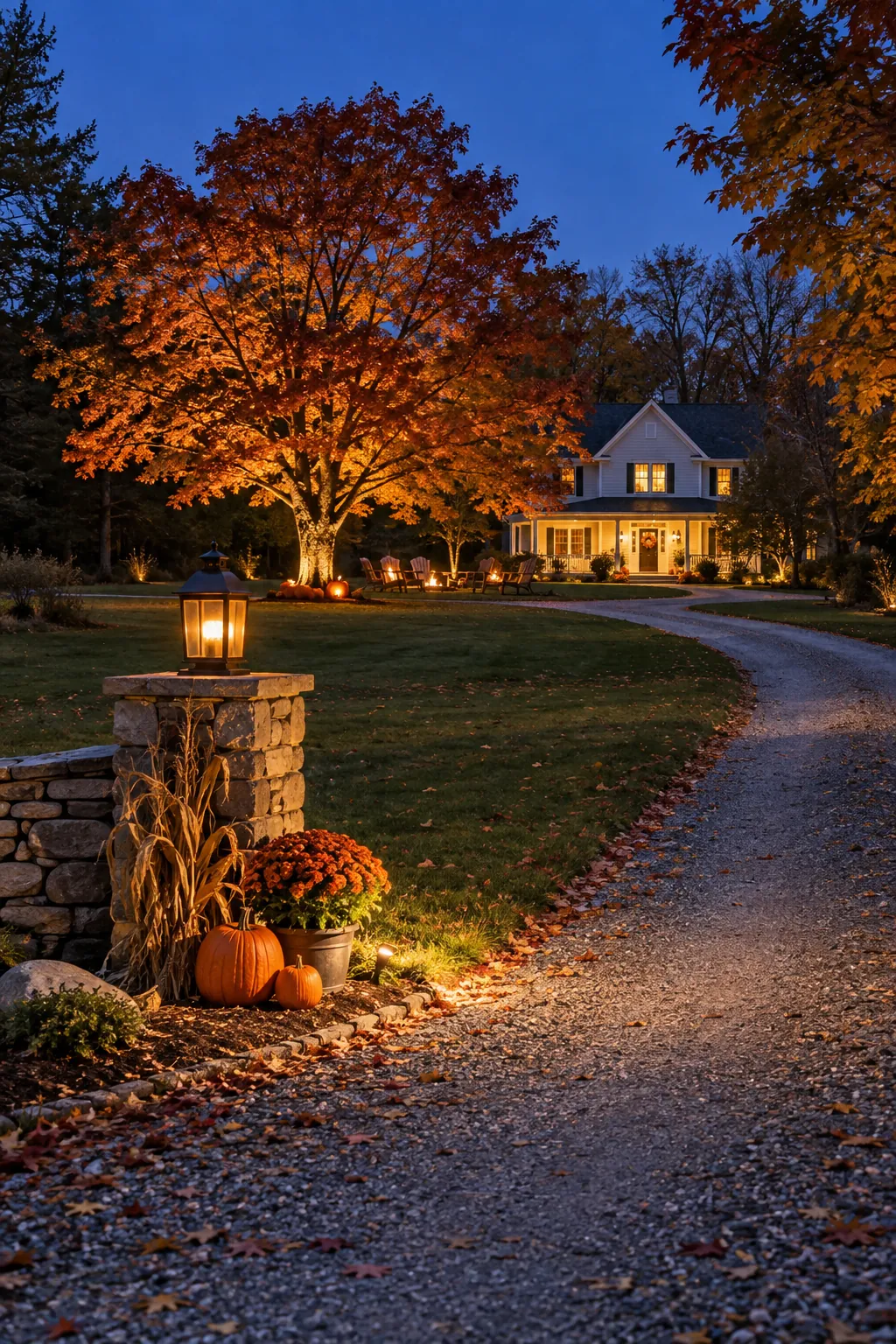 Halloween yard with a long drive and distant decorated house