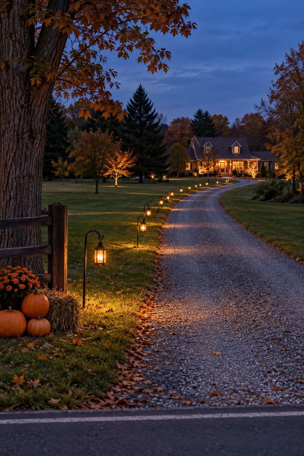Light the route in a repeating rhythm for a Halloween yard with a distant house