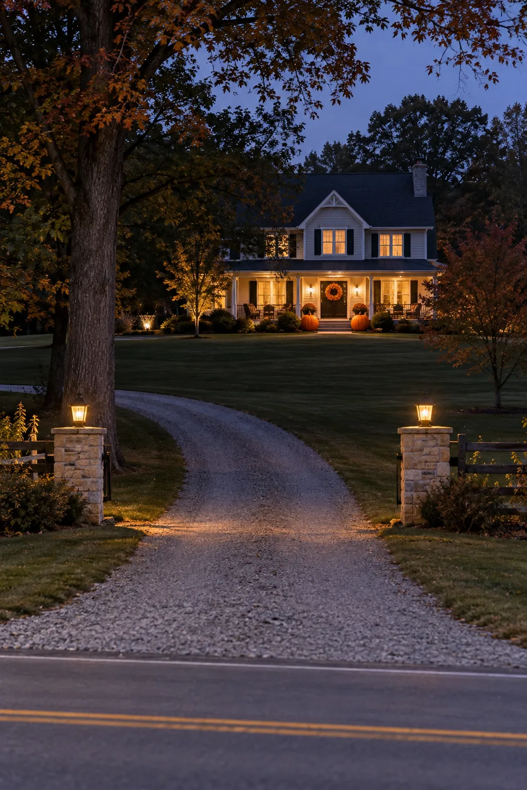 Make the porch a distant beacon for a Halloween yard with a distant house