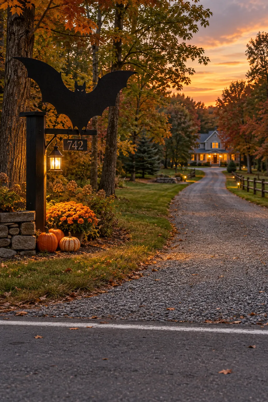 Place a clear welcome marker near the drive for a Halloween yard with a distant house