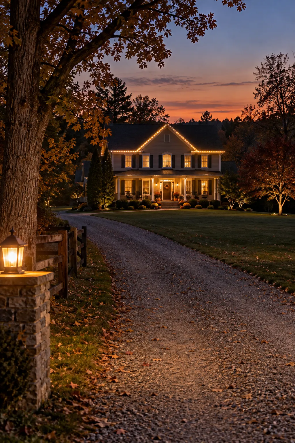 Outline the roofline with warm lights for a Halloween yard with a distant house