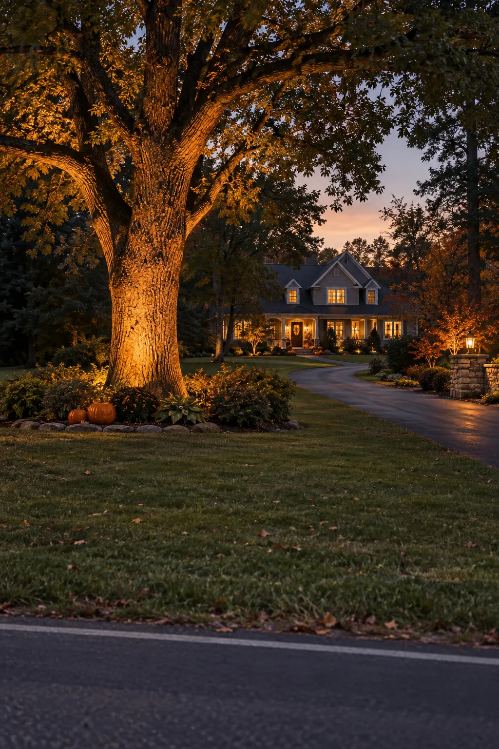 Give one large tree a theatrical wash for a Halloween yard with a distant house