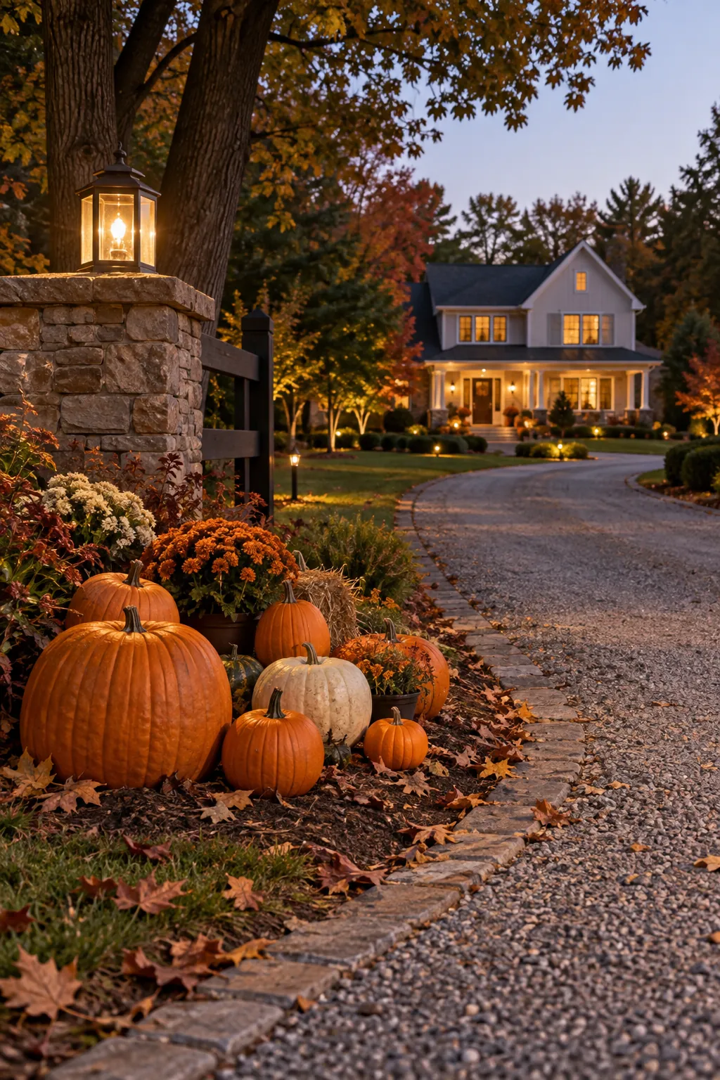 Group pumpkins as one visible mass for a Halloween yard with a distant house