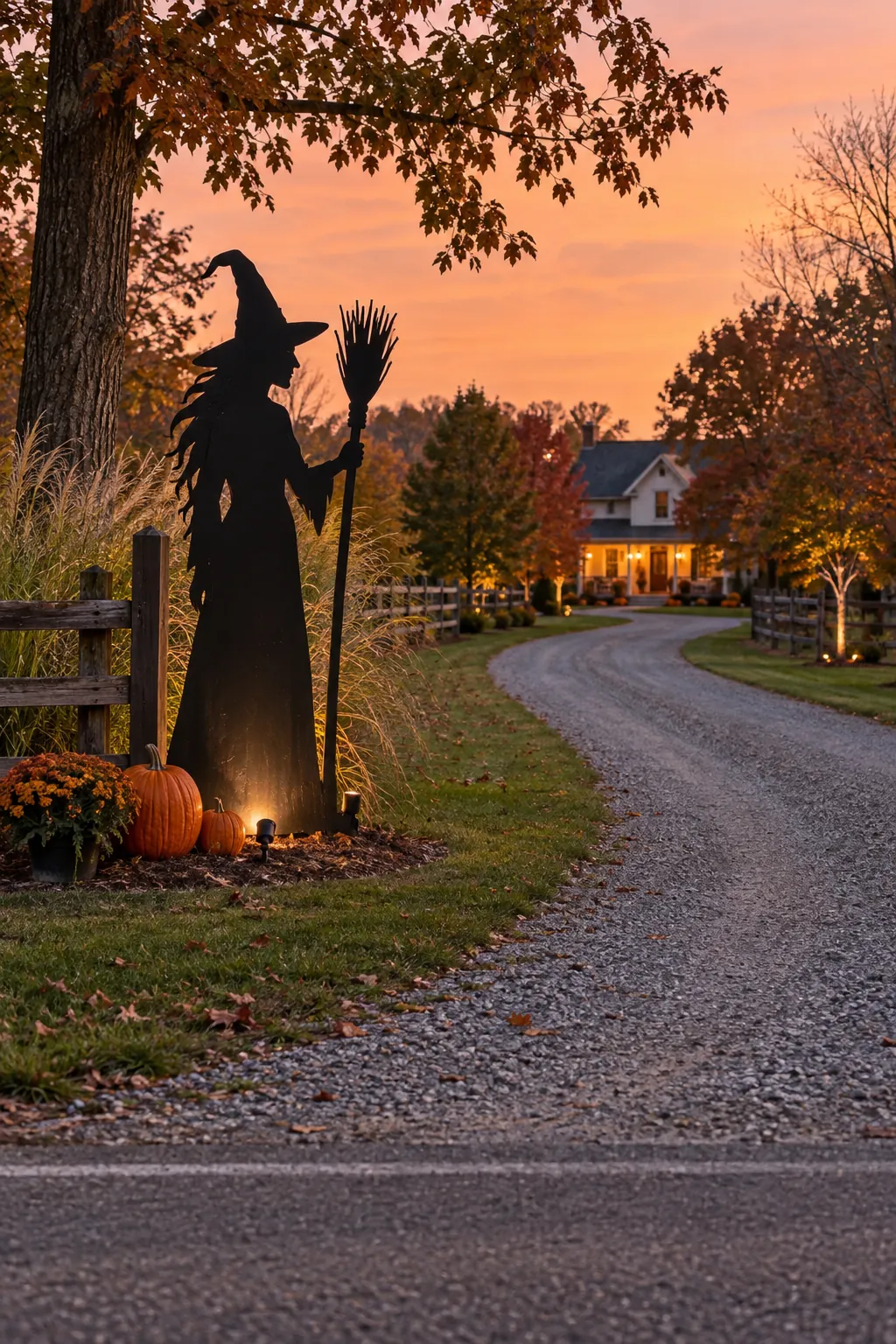 Use tall figures where the yard narrows for a Halloween yard with a distant house
