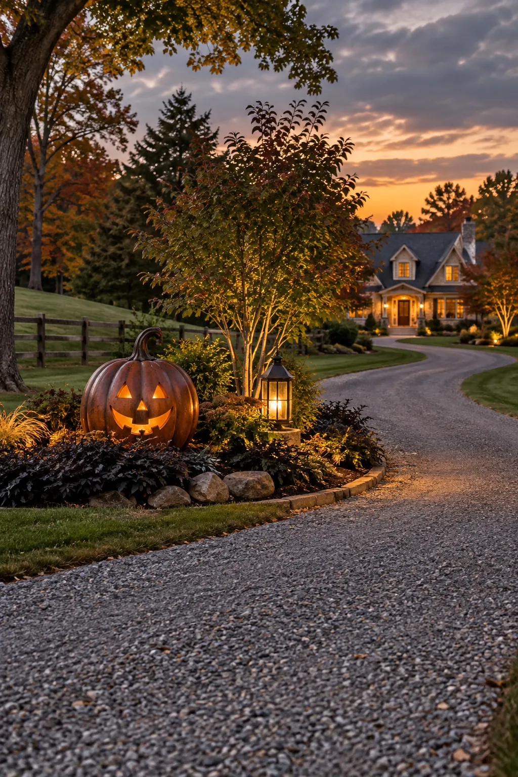 Build a focal island at the driveway bend for a Halloween yard with a distant house