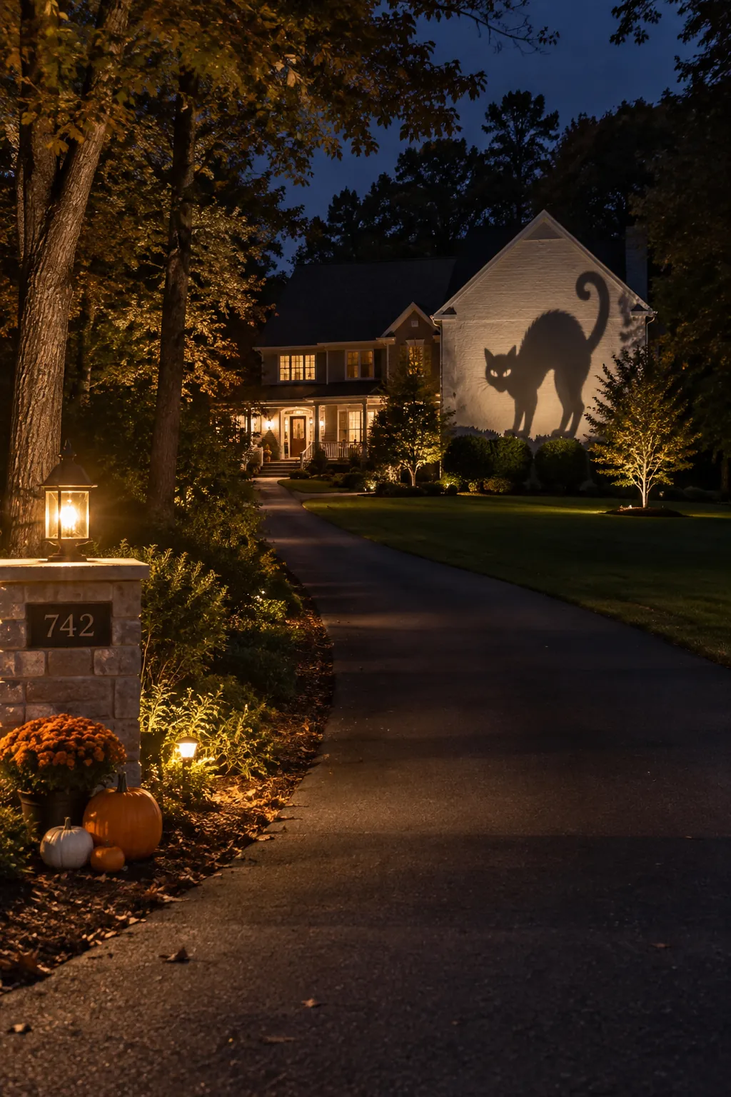 Project a simple shape onto the house for a Halloween yard with a distant house