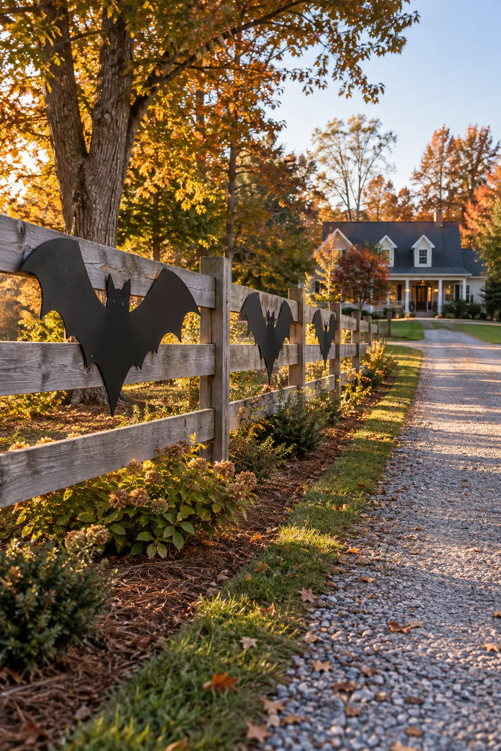 Hang oversized bats on a visible fence for a Halloween yard with a distant house