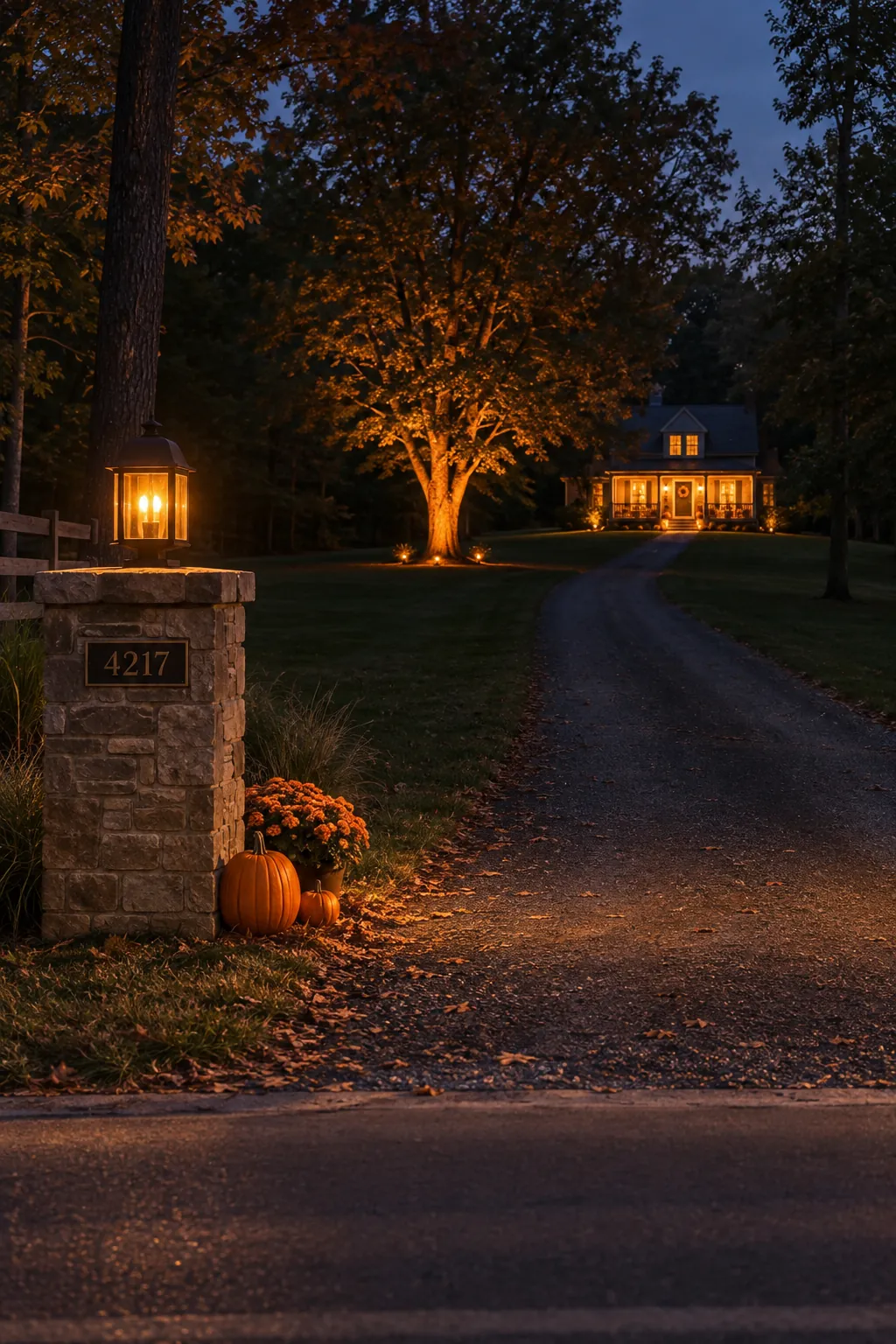Connect curb, yard, and porch with one color for a Halloween yard with a distant house
