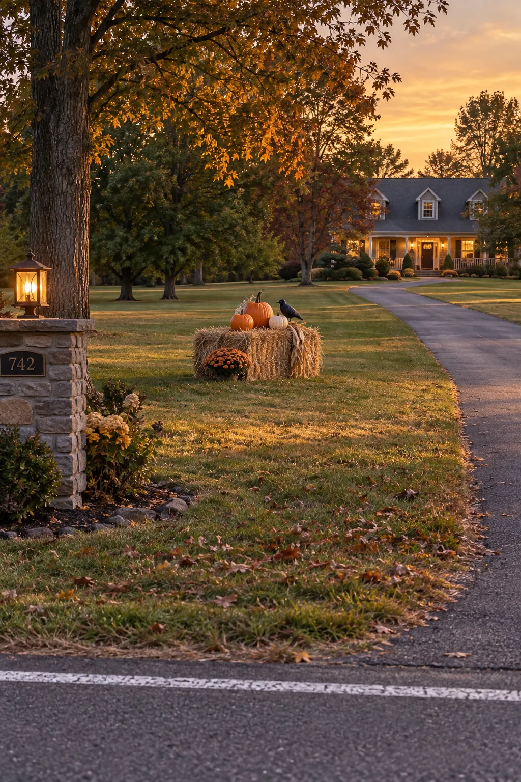 Let one hay bale scene carry the middle ground for a Halloween yard with a distant house