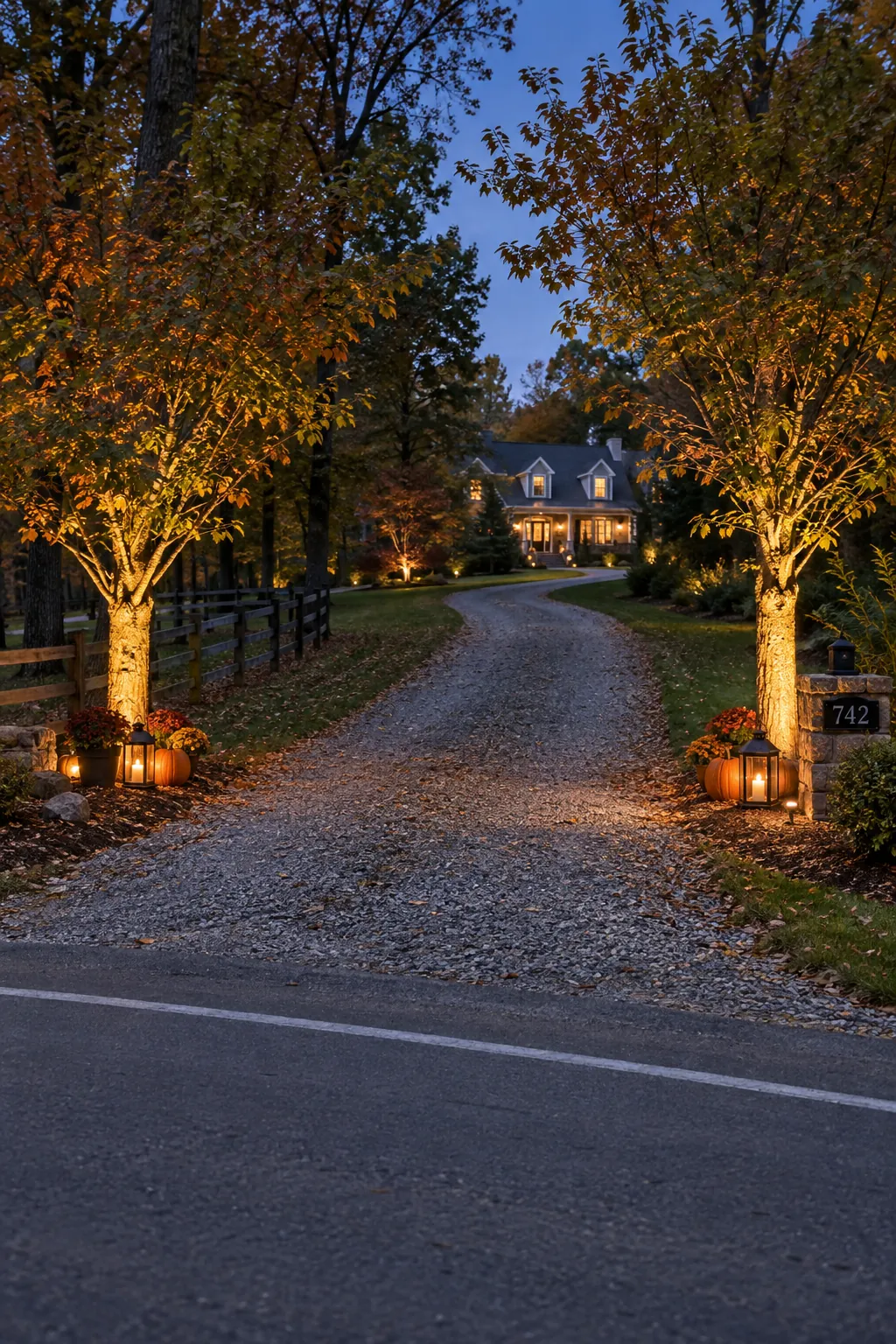 Use a pair of entry trees as a frame for a Halloween yard with a distant house