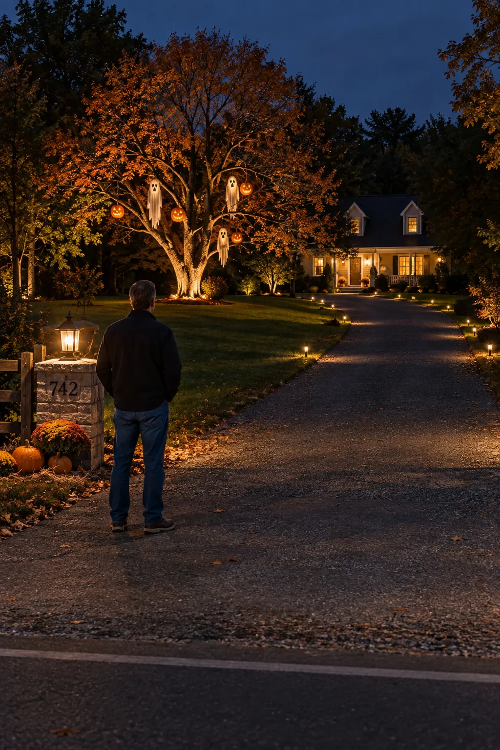 Test the display from the street after dark for a Halloween yard with a distant house