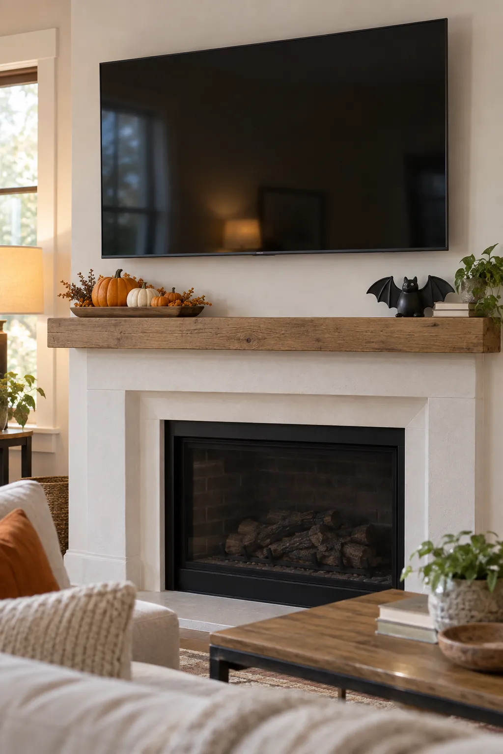 Low Halloween mantel decorations beneath an unobstructed television