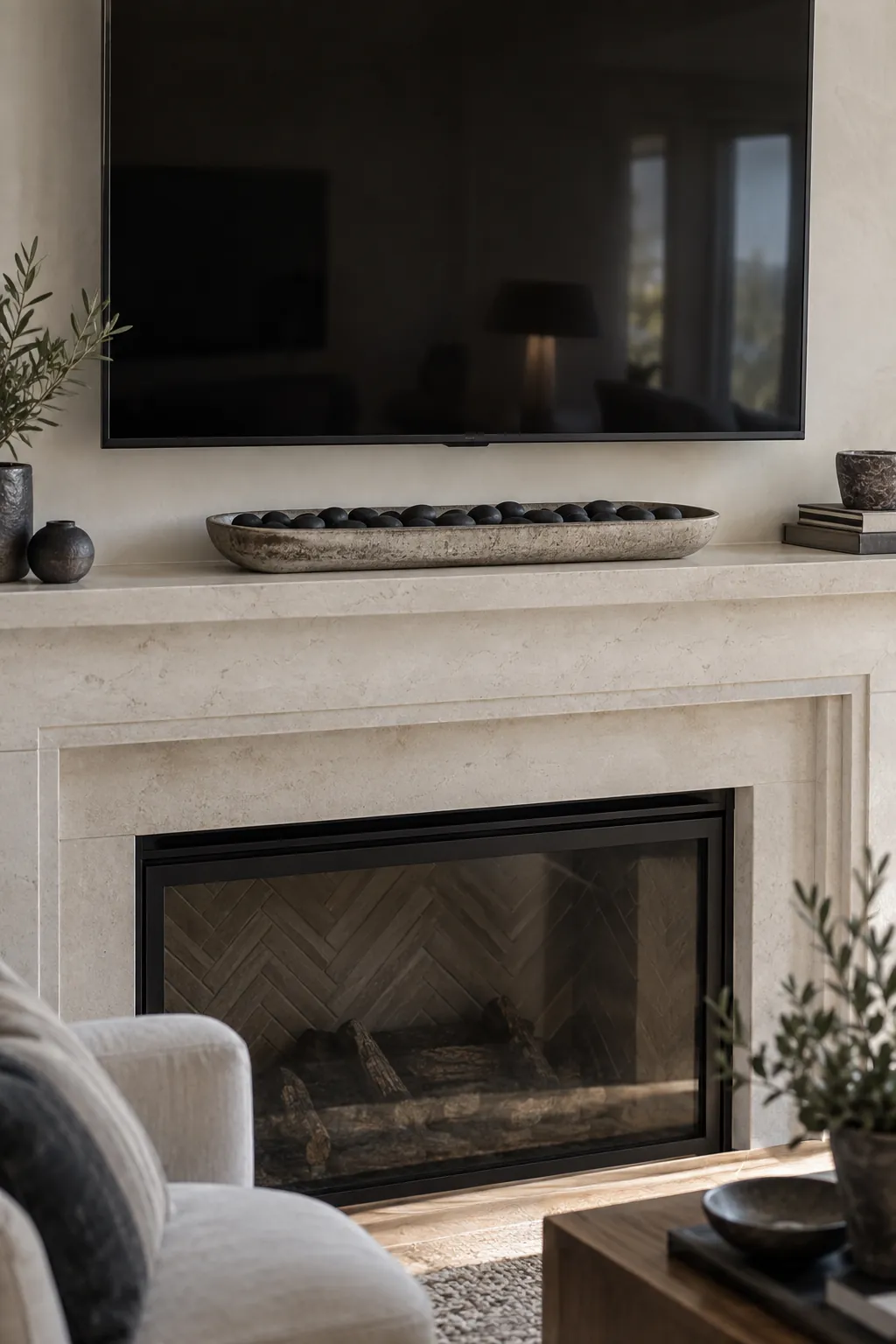 Low stoneware dish of dark pebbles beneath a television on a mantel