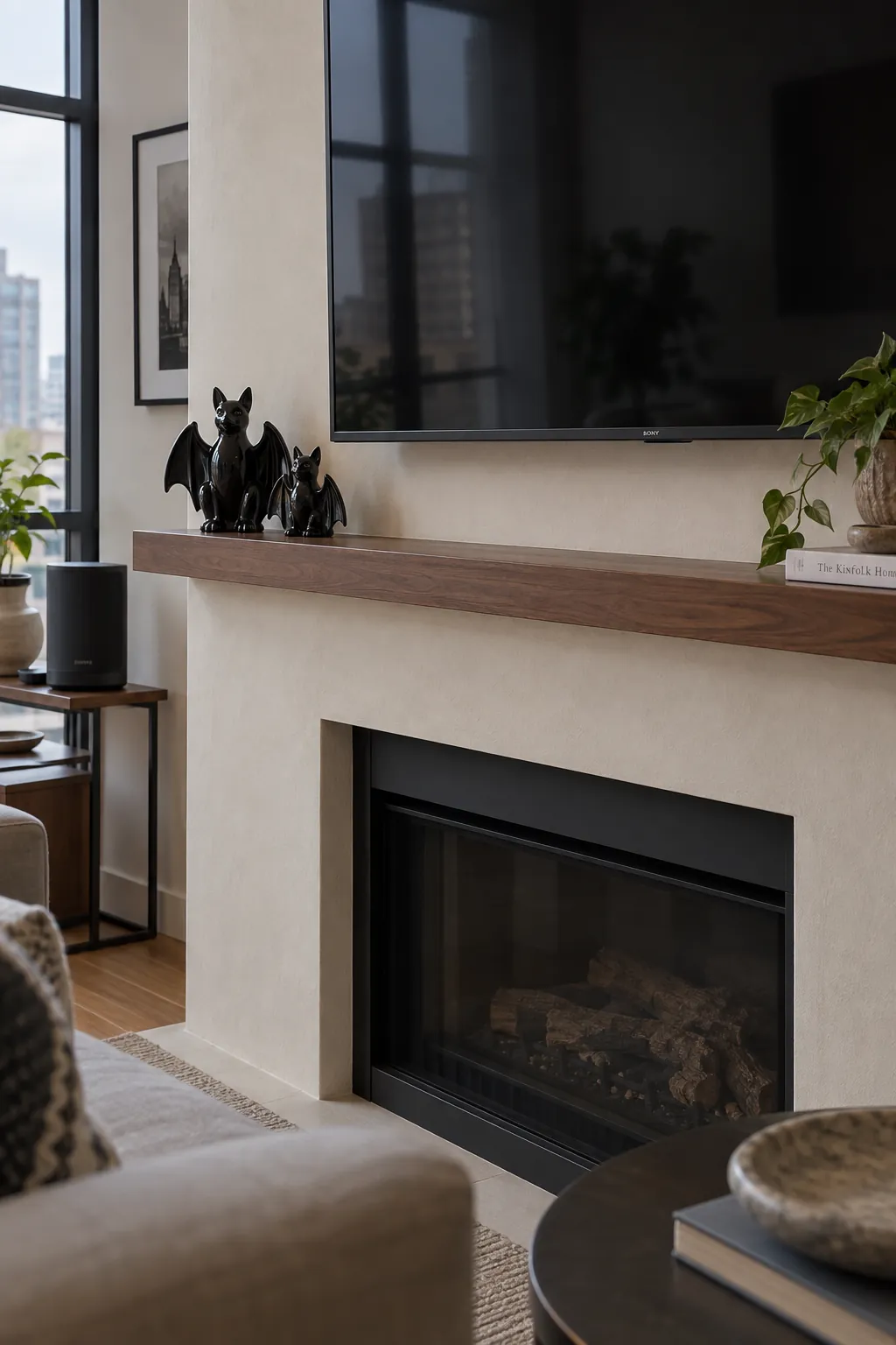 Two low ceramic bats at one end of a mantel below a TV