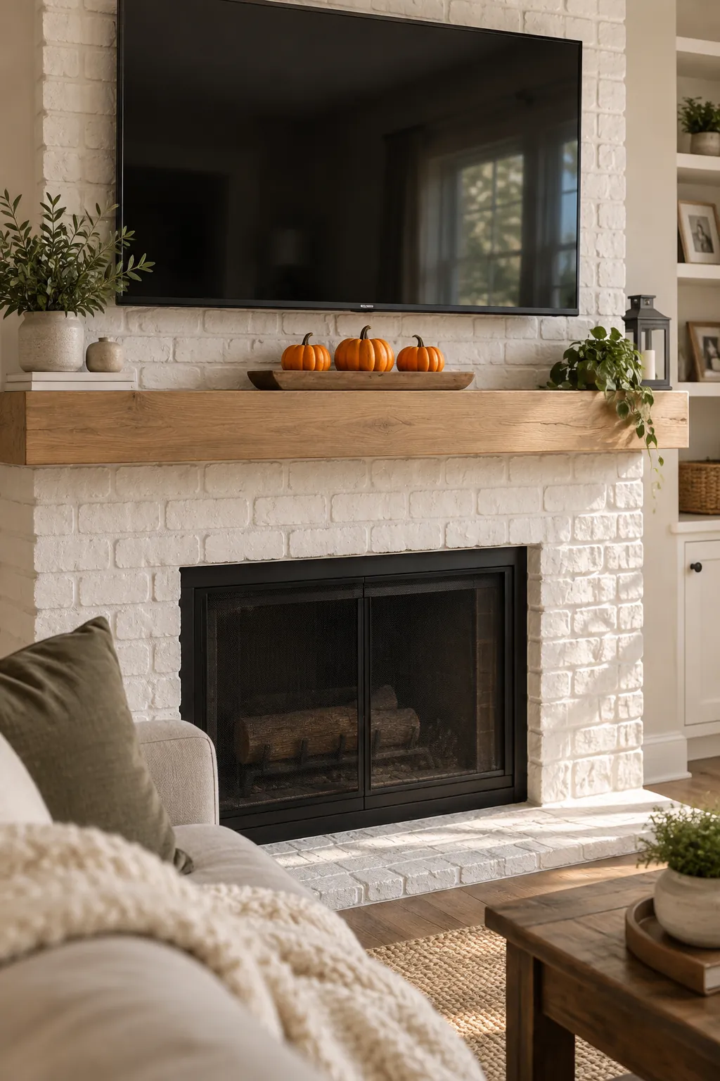 Low tray of mini pumpkins on a Halloween mantel beneath a television