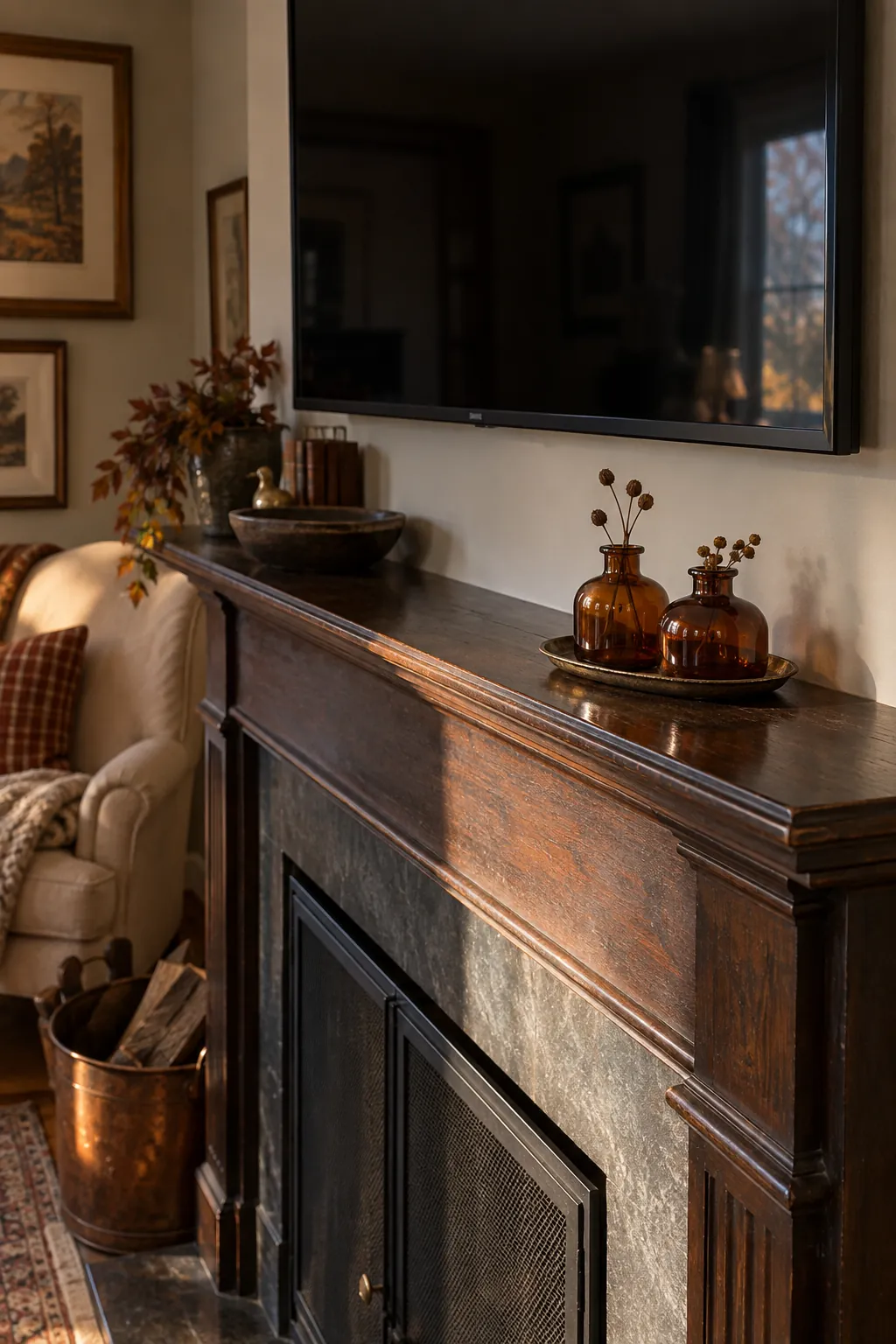 Short amber bottles with tiny dry stems at the edge of a Halloween mantel