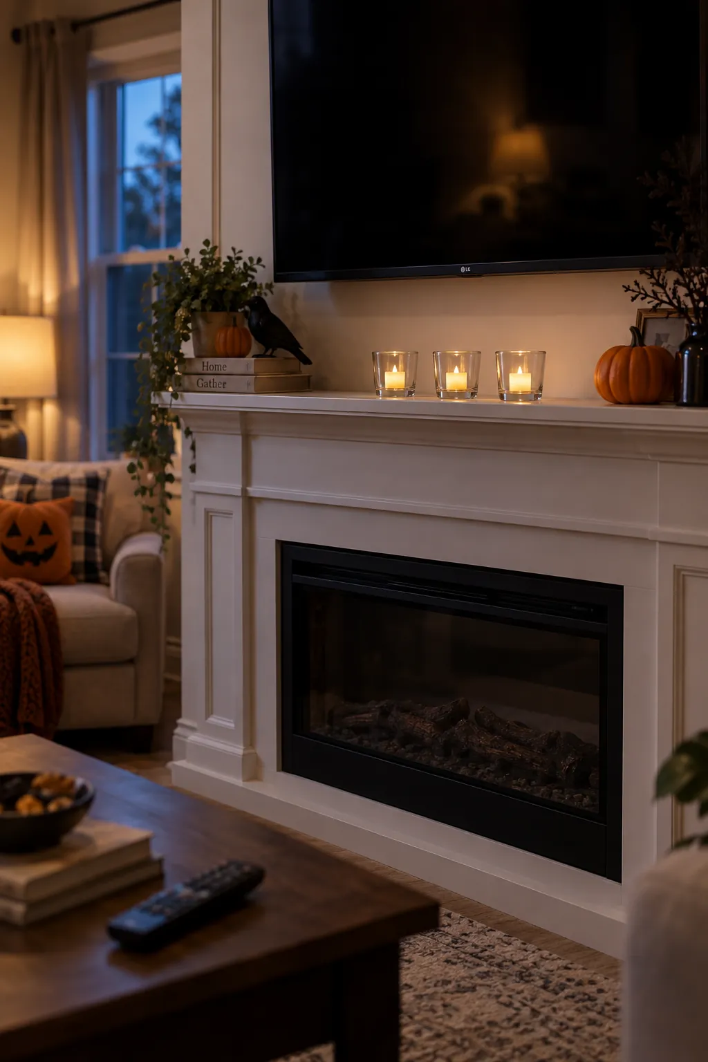 Short glass holders with battery tea lights on a TV mantel