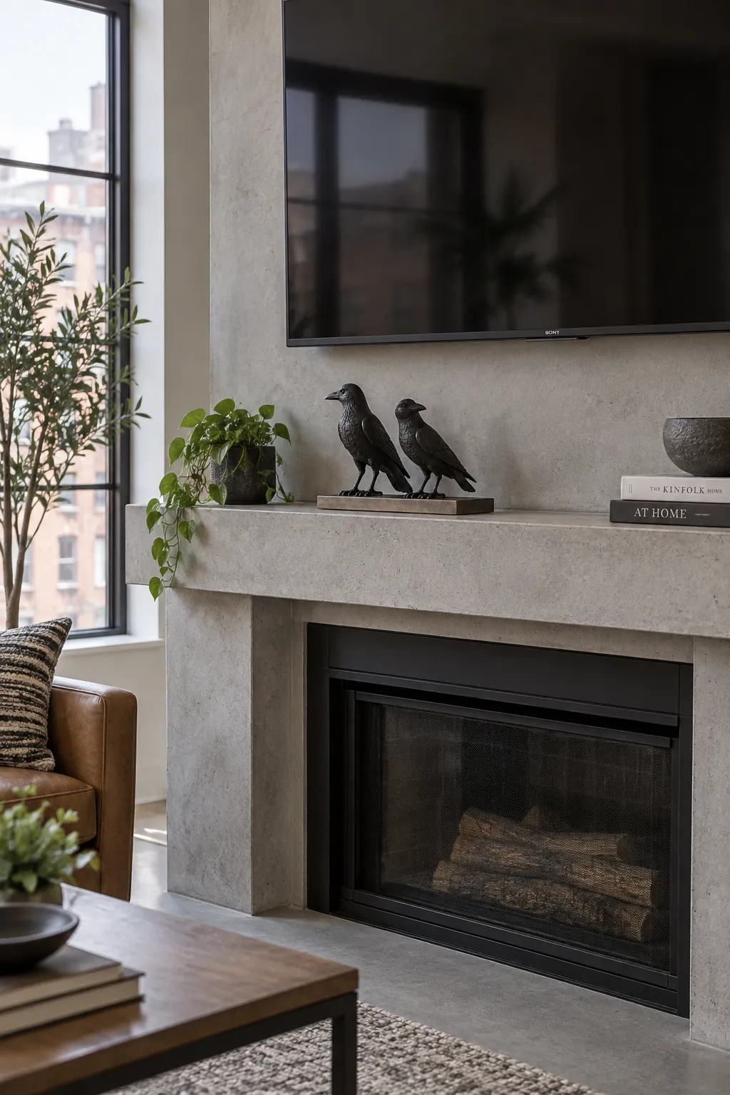 Two small iron crows on a stable base at one end of a TV mantel