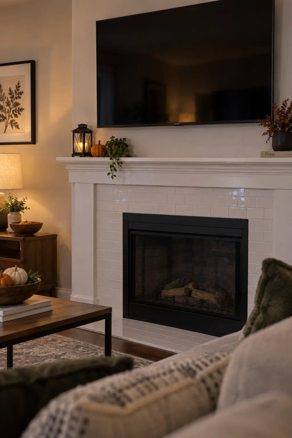 Compact battery lantern at the corner of a mantel below a TV