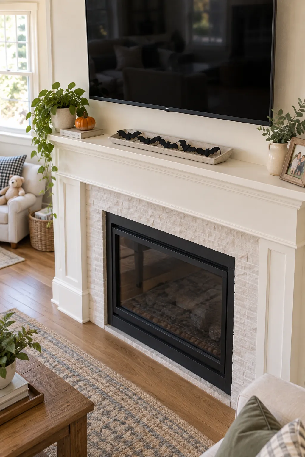 Short bat garland resting inside a tray on a mantel under a TV