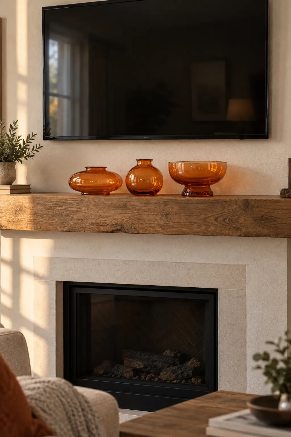 Low cluster of orange glass vessels on a mantel beneath a television