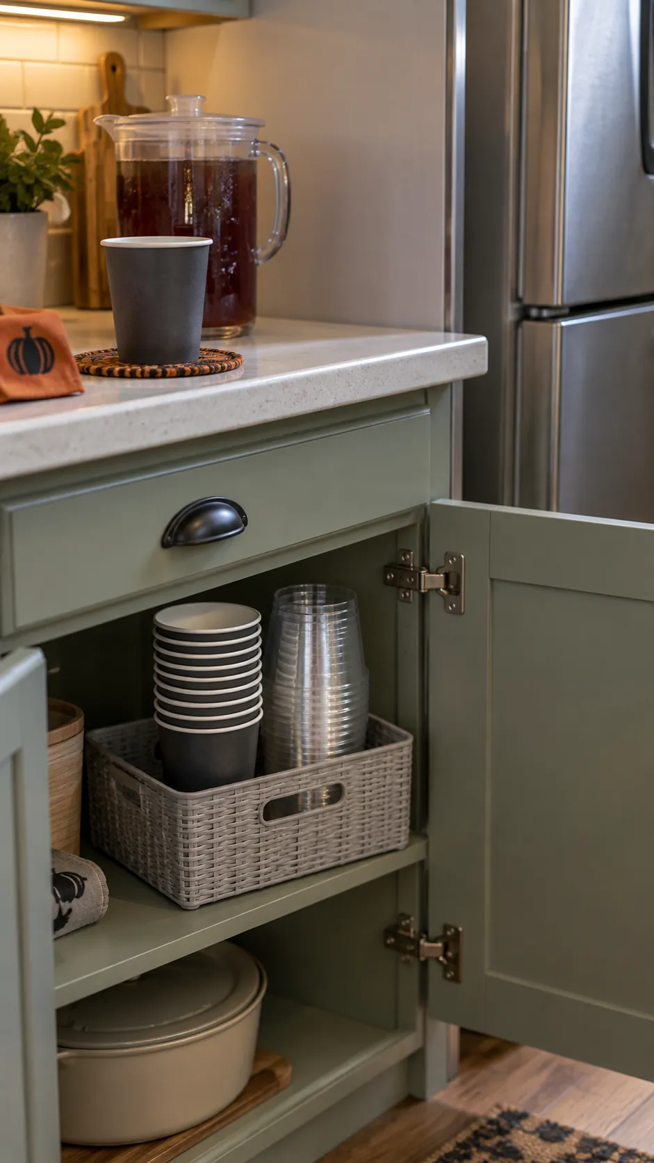 Halloween party cups grouped in a shallow cabinet caddy near a drink station