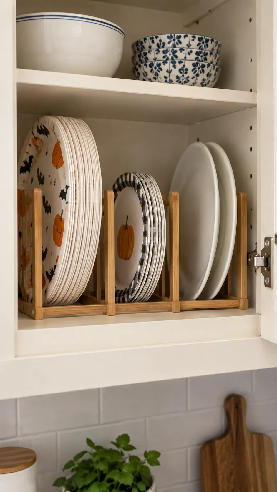 Party plates stored upright in a compact kitchen cabinet divider