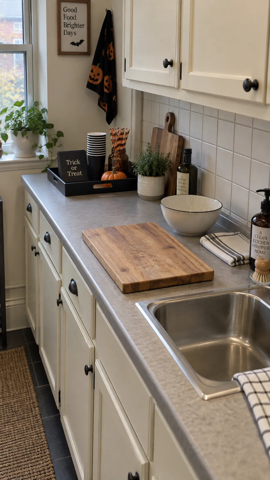 Clear preparation lane on a small kitchen counter with Halloween party supplies kept to one side