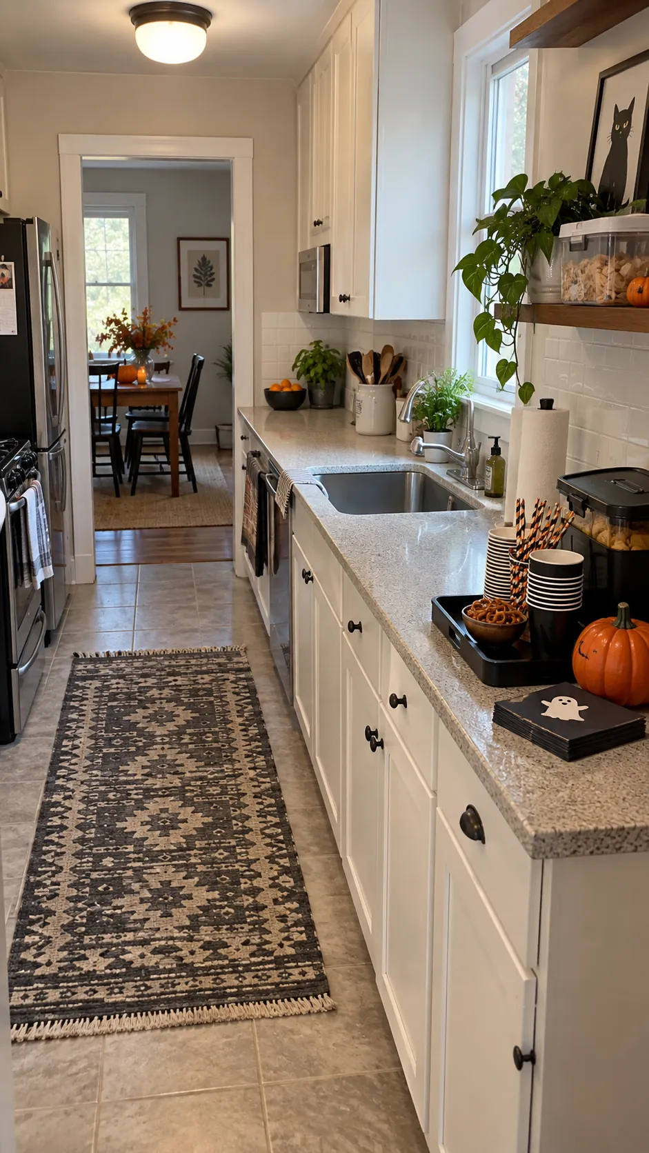 Small kitchen organized for a Halloween party with a clear preparation lane and compact supply station