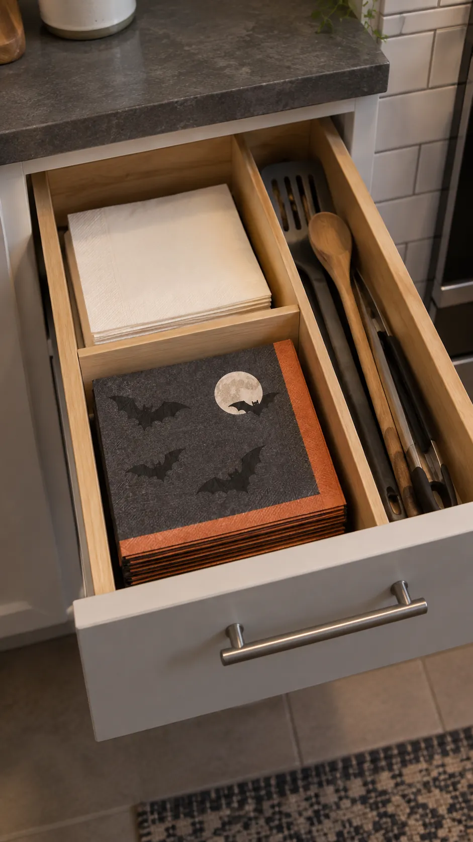 Halloween napkins organized in a divided small kitchen drawer