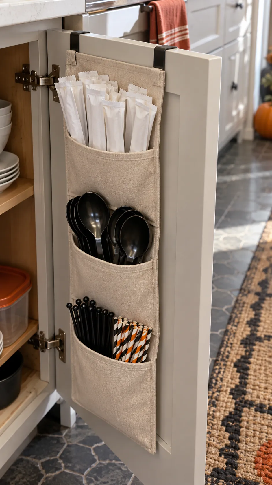 Party utensils sorted in a removable cabinet door pocket organizer